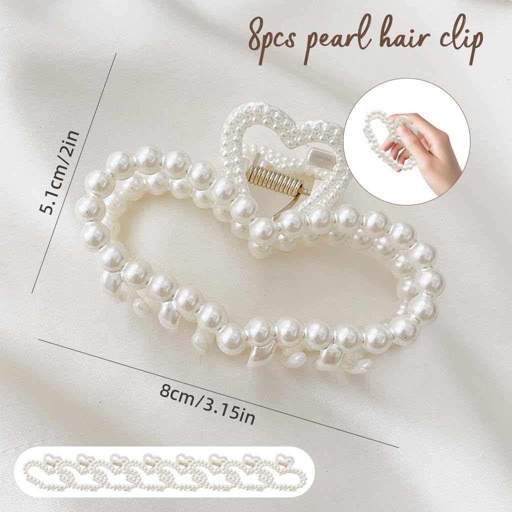 MAYCREATE 8Pcs Pearl Hair Claw Clips French Twist Hair Claw Clips Heart Shaped Pearl Embellished Hair Claw Clips Bridesmaid Hair Claw Clips Bridal Pearl Hair Claw Clips Gift for Girls