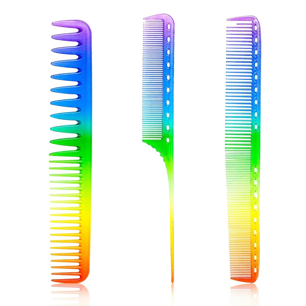 MAYCREATE 3 Pack Hair Comb Set, Rainbow Fine Cutting Hairdressing Rat Tail Combs, Salon Fine Teeth Hair Styling Comb for Back Combing, Root Teasing