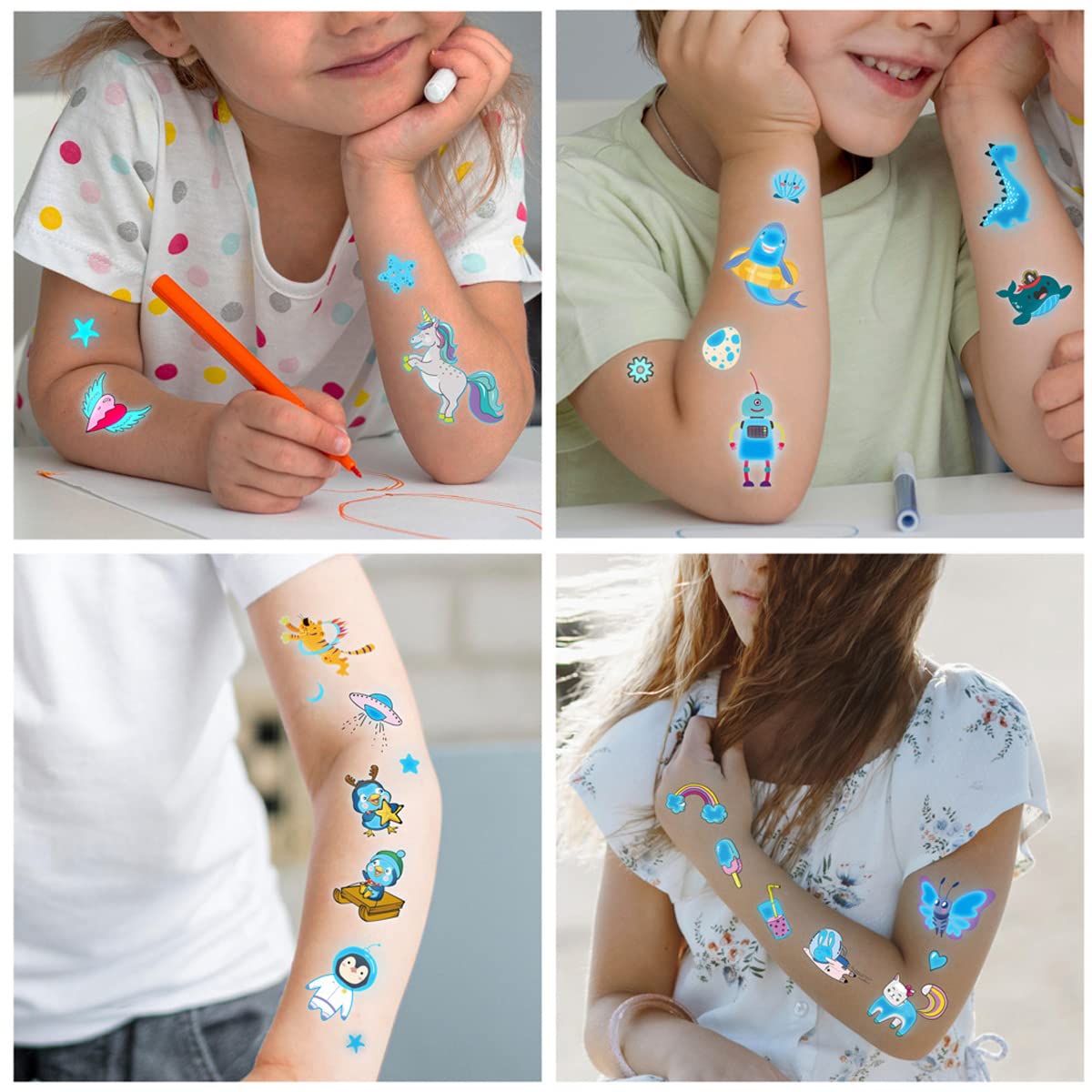 MAYCREATE Temporary Tattoo Stickers for Kids with Night Glow Effect and 20 Sheets | Waterproof Marine Theme