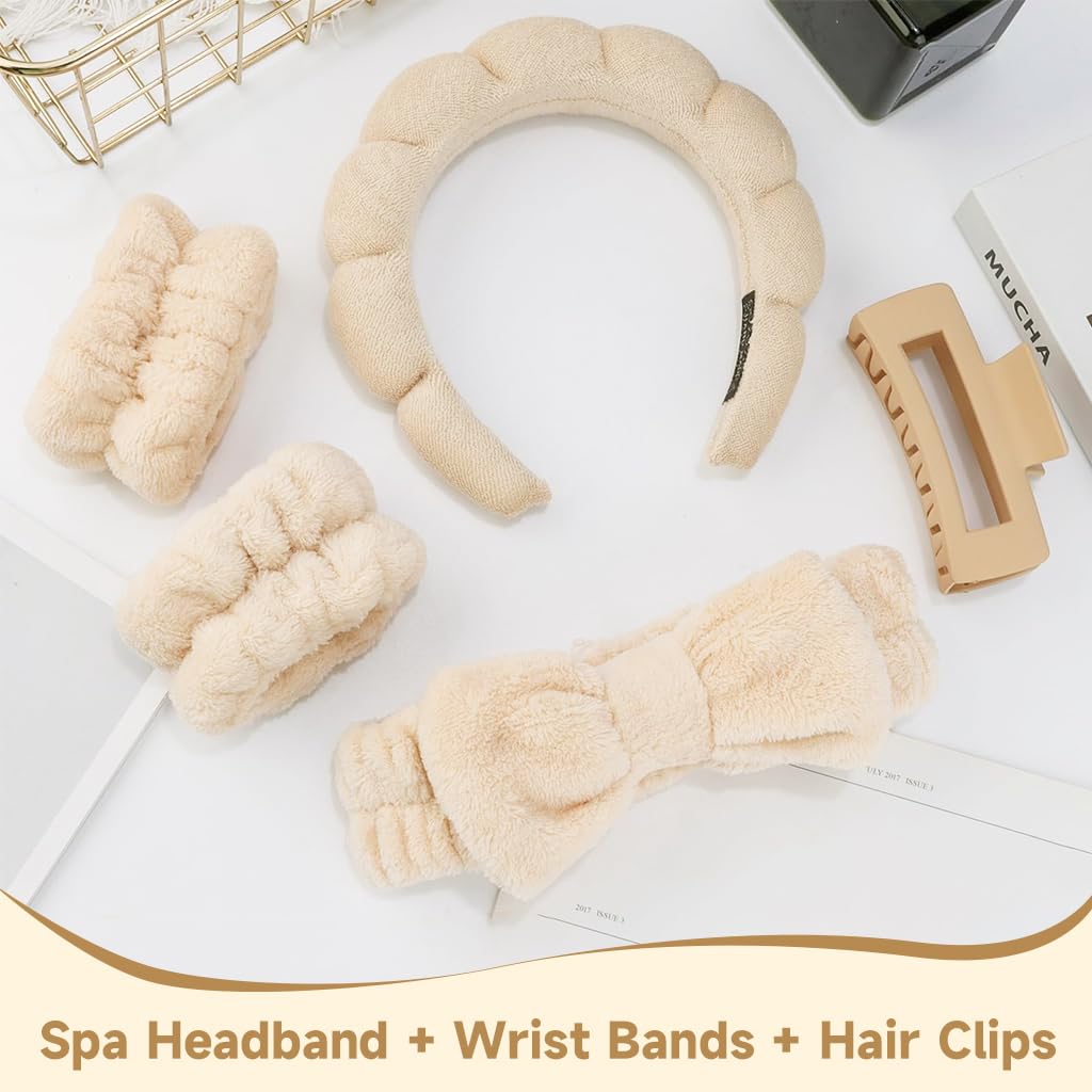 MAYCREATE Face Wash Hair Bands for Women with Coral Velvet Wristbands and Bow Headband | 5pcs Skincare Set