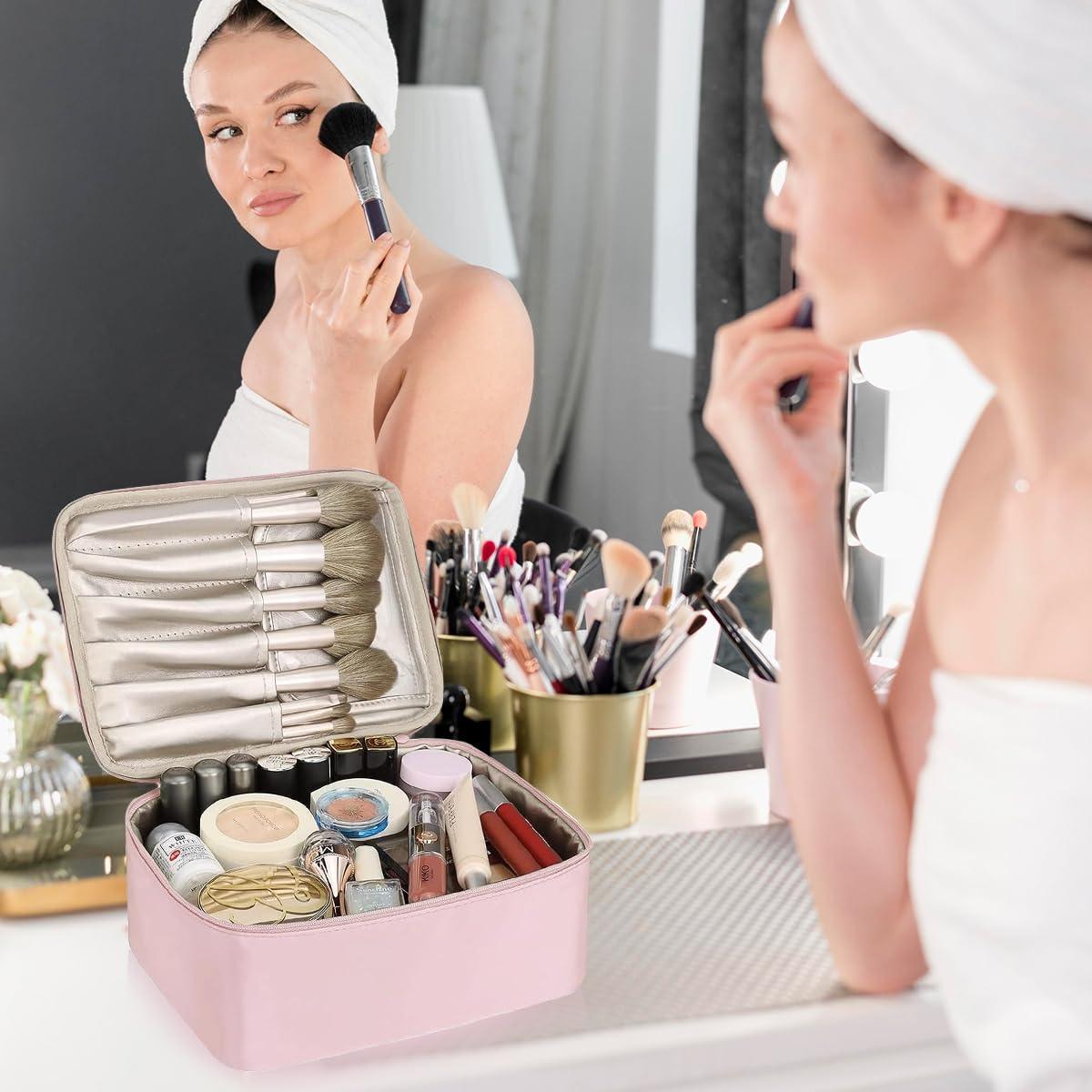 MAYCREATE Cosmetic Organizer Bag for women, Capacity Travel Makeup Pouch for Women Toiletry Bag for Girls Traveling With Handle and Divider, Pink