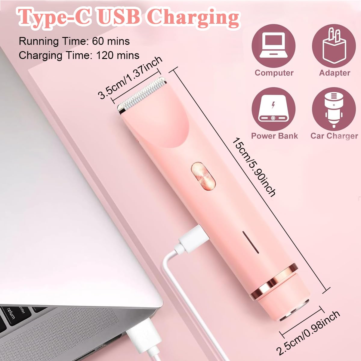 MAYCREATE Electric Shaver for Women 2 In 1 Dual Head Electric Razor USB Cordless Hair Trimmer Shaver IPX7 Waterproof Wet & Dry Use Painless Bikini Trimmer for Bikini Lines, Face Hair, Legs, Under Arm