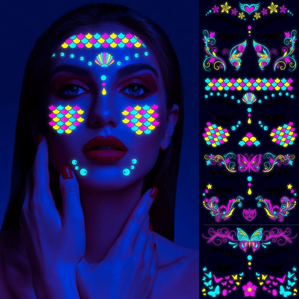 MAYCREATE 8-Sheet UV Neon Face Tattoo Sticker Temporary Tattoos, Glow in the Dark Face Tattoos, Butterfly Mermaid Fluorescence Fake Tattoo Stickers for Halloween Rave Festival Party Supplies