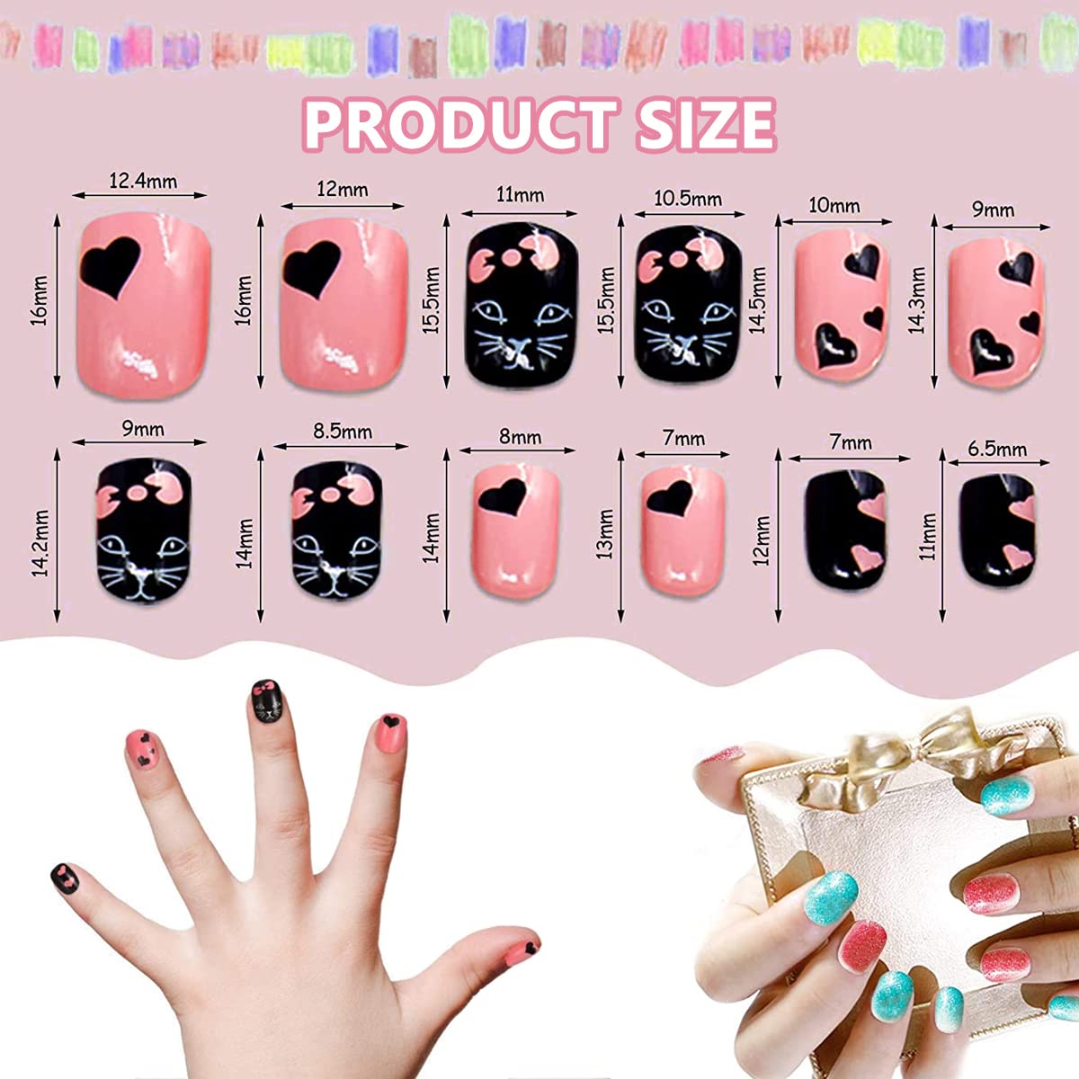MAYCREATE 120pcs Nail Art Kit for Kids, Children Fake Nails Artificial Nail Tips Girls Full Cover Short False Fingernails for Kids Little Girls Nail Art Decoration, Set of 5