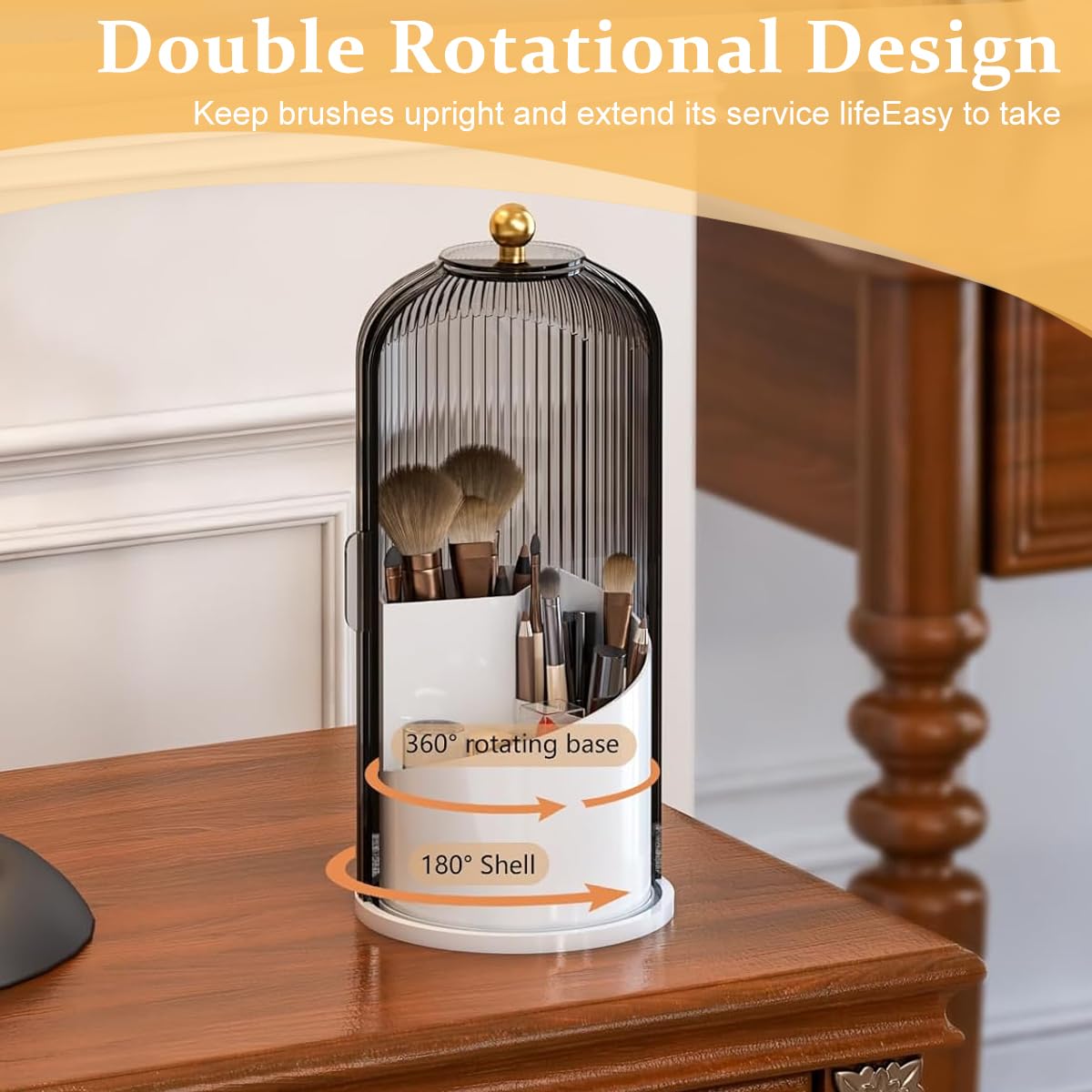 MAYCREATE Makeup Brush Holder Organizer with Lid, 3-Grid Makeup Storage Case 360° Rotatable Dustproof Makeup Brushes Organizer Stand for Vanity Desktop Bathroom - Gray