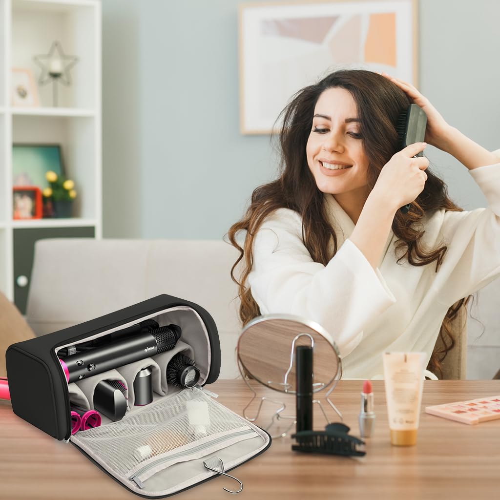 MAYCREATE Travel Storage Bag for Dyson Air wrap Holder Hair Styler Organizer for Airwrap Attachments Portable Storage Bag with Hanging Hook, Black (Bag Only)