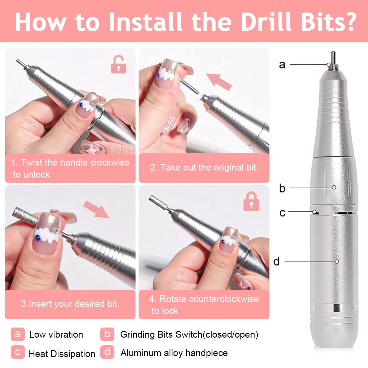 MAYCREATE Electric Nail Drill Machine Kit 45000RPM Professional Bi-directional Nail Drill LCD Display Electric Nail Drill with 5 Attachment Bits & Sanding Paper Cordless Manicure Nail Drill