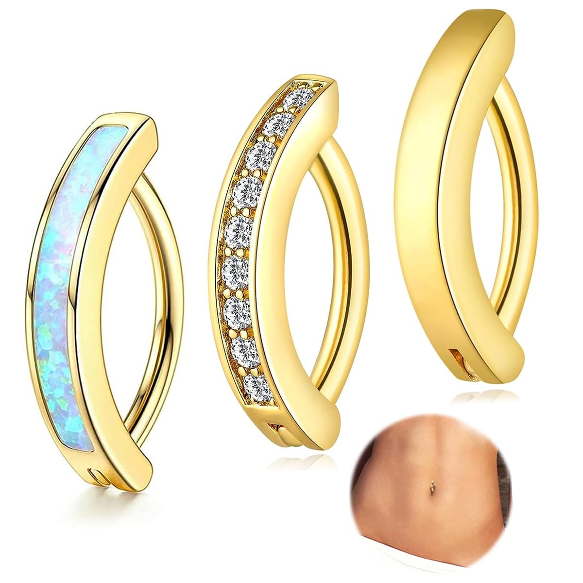 MAYCREATE 3 Pack Clicker Belly Button Rings for Women, Gold 316L Surgical Steel Body Navel Piercing Jewelry Kit, CZ Small Hoop Belly Rings