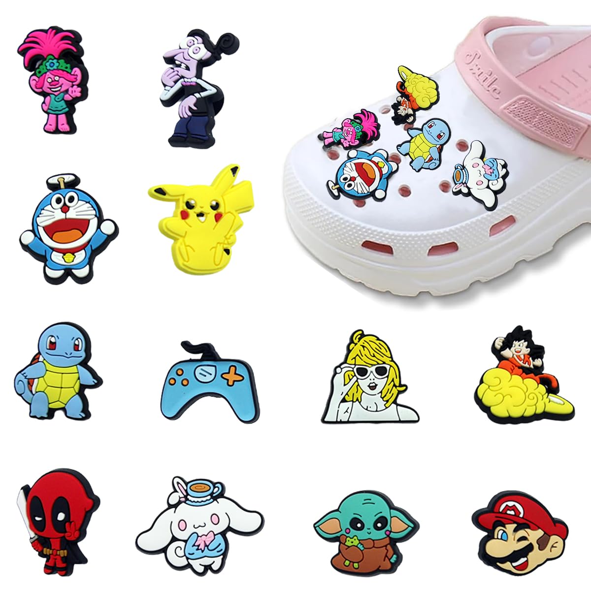 MAYCREATE 12Pcs Clog Shoe Charms Cute Cartoon Character Series Shoe Charms Assorted Rubber Shoe Charms Flat Rubber Shoe Charms Reuseable Casual Clogs DIY Decoration Charms Kids Clogs Charms