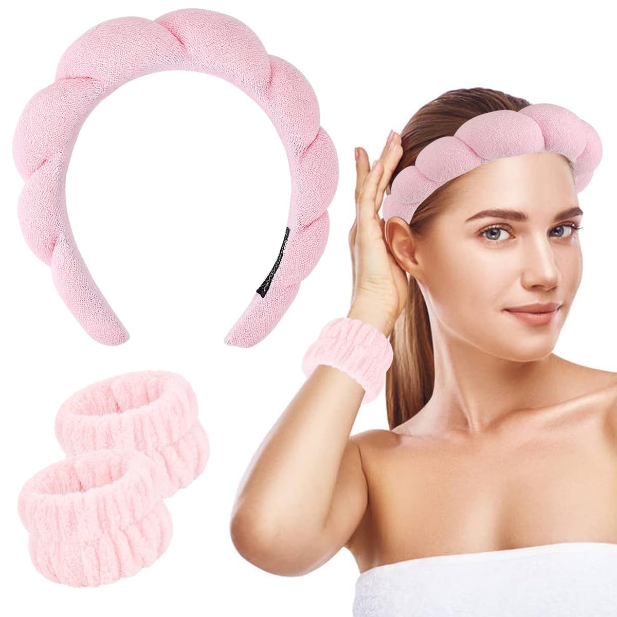 MAYCREATE Spa Headband for Face Washing and Skincare featuring Sunflower Sponge | Pink Set with Wrist Washbands for Women and Girls