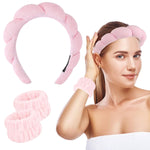 MAYCREATE Spa Headband for Face Washing and Skincare featuring Sunflower Sponge | Pink Set with Wrist Washbands for Women and Girls