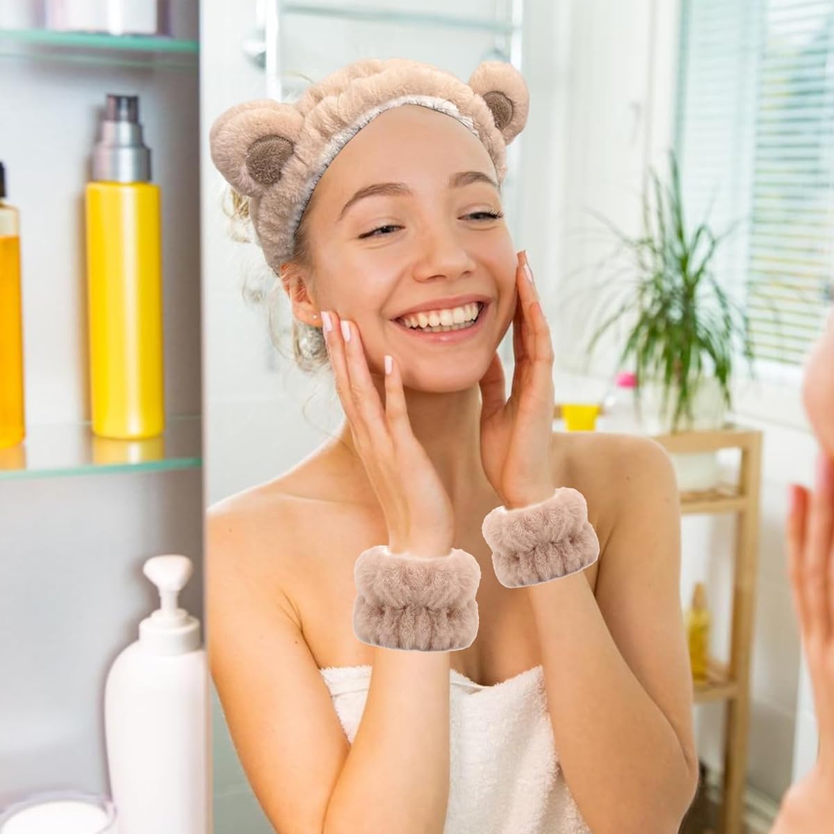 MAYCREATE Skincare Headband for Women & Wrist Band for Face Wash 3pcs Combo, Cute Facial Makeup Hair Band and Wrist Bands Towel, Bear Ears Face Wash Band Spa Headband for Women Girls