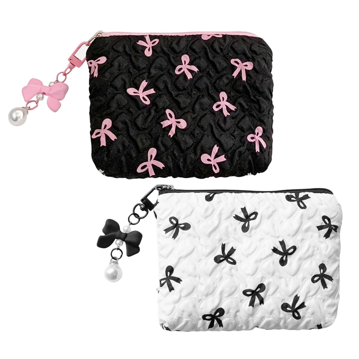 MAYCREATE® 2PCS Fashion Makeup Bag Set Textured Embossed Zipper Cosmetic Pouches with Sweet Bow Print & Faux Pearl Bow Charm, Portable Toiletry Organizer for Travel, Purse & Daily Use, 14x12cm