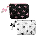 MAYCREATE® 2PCS Fashion Makeup Bag Set Textured Embossed Zipper Cosmetic Pouches with Sweet Bow Print & Faux Pearl Bow Charm, Portable Toiletry Organizer for Travel, Purse & Daily Use, 14x12cm