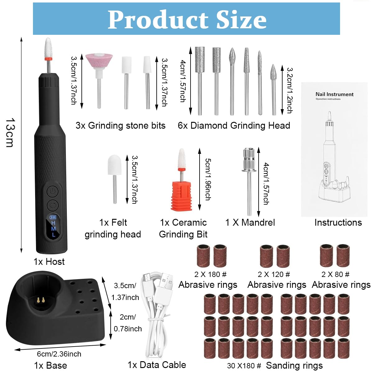 MAYCREATE Cordless Nail Drill Machine for Gel & Acrylic Nails with LCD Display 20000rpm | USB Rechargeable 500mAh Battery