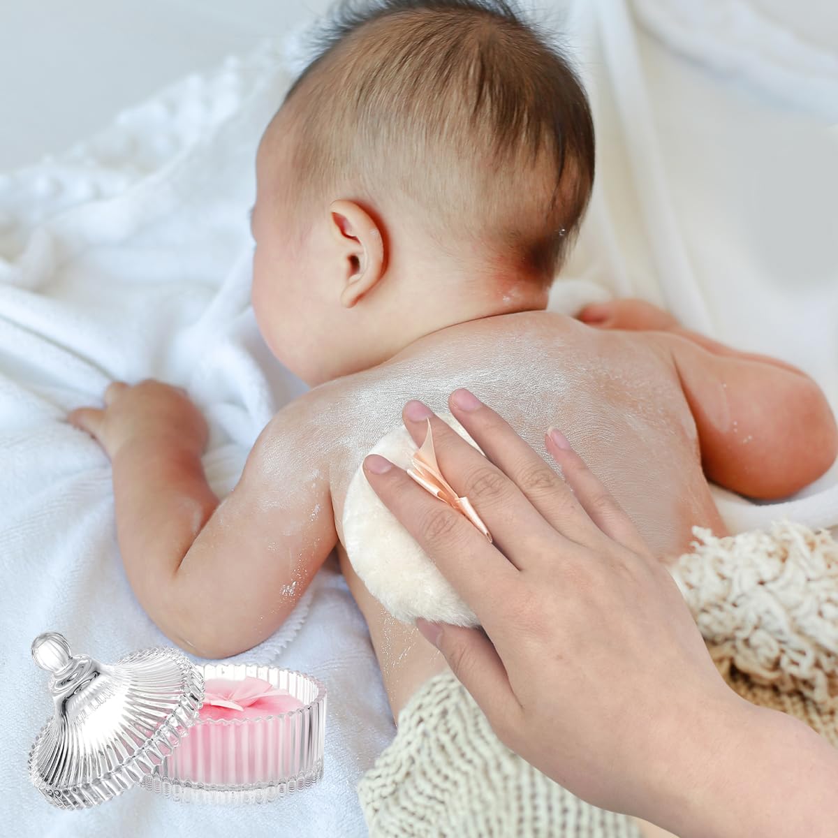 MAYCREATE Baby Powder Puff Set for Gentle Baby Care with Glass Holder and 2 Soft Plush Pads