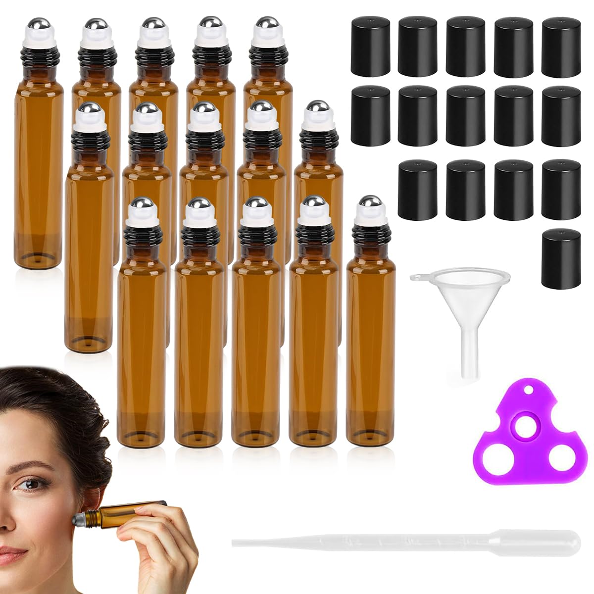 MAYCREATE Glass Roller Bottles for Essential Oils 15 pcs 10 ml featuring Stainless Steel Roller Bead and Amber Glass | Includes Funnel & Cap Opener