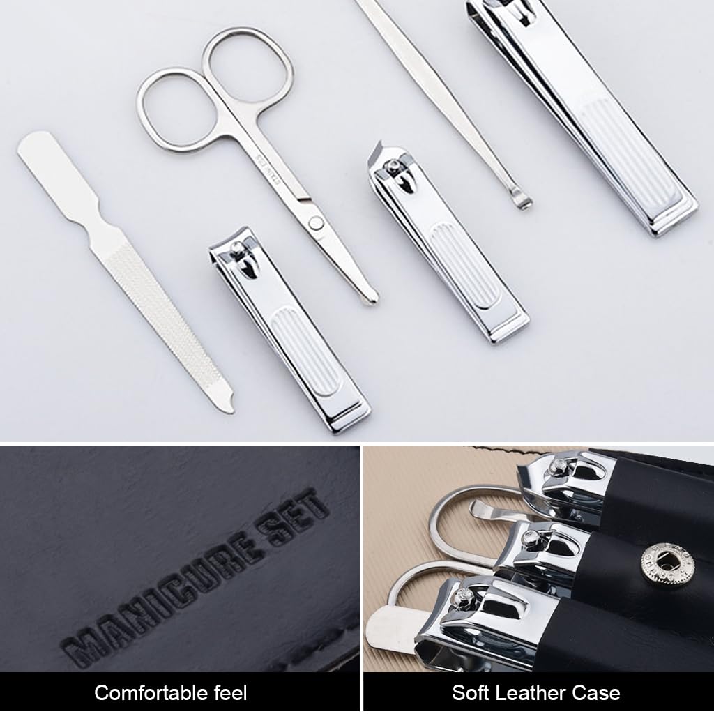 MAYCREATE Travel Nail Clipper Set with Storage Pouch Set of 6Pcs Stainless Steel Nail Clippers Toe Nail Clipper Curved-Edge Nail Clipper Nose Hair Trimmer Nail Filer Earwax Remover