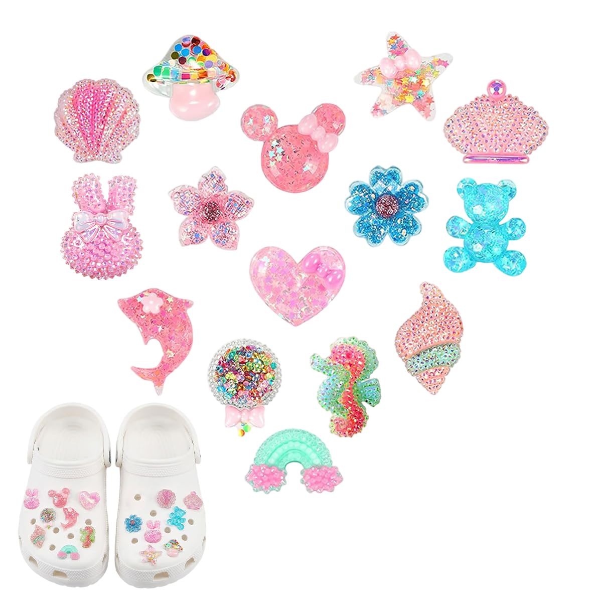 MAYCREATE® 15Pcs DIY Glitter Shoe Charms for Clogs Sparkly Decorative Clog Accessories, Sakura, Mushroom, Seashell & More Shoe Embellishments for Garden Shoes Snap-In Shoe Charms