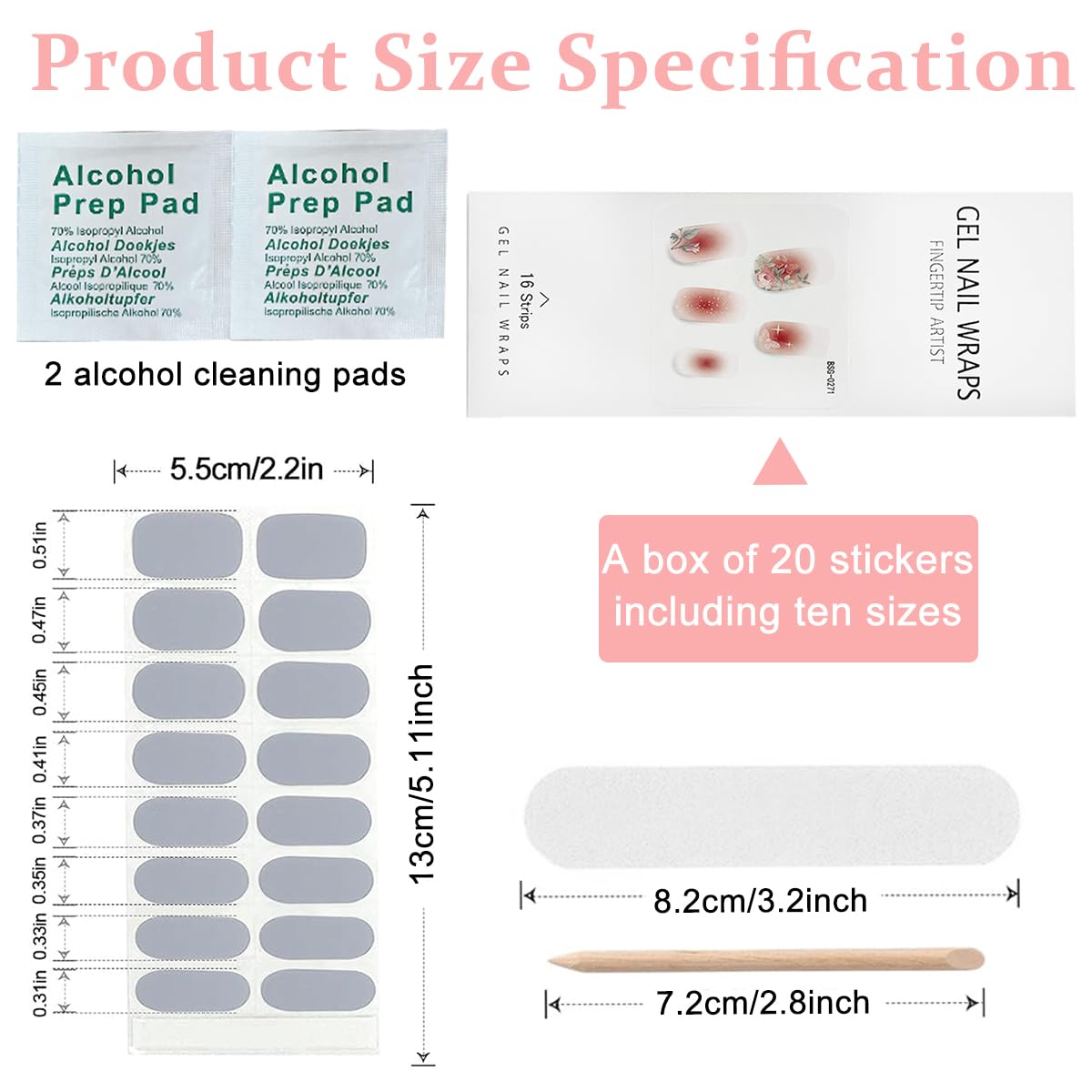 MAYCREATE 16PCS Gel Nail Strips, French Gel Nail Stickers, UV Free, Long Lasting Nail Wraps for Women, French Tip Nail Polsih Stickers, Includes Nail File & Wooden Stick, Style B