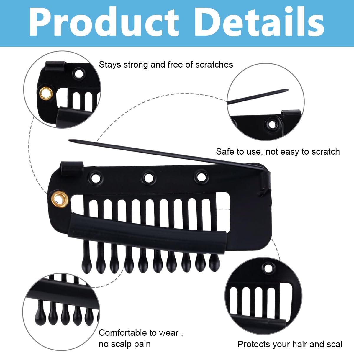 MAYCREATE 10Pcs Chunni Clips with Safety Pins, Snap-on Dupatta Pin Hijab Pins Stainless Steel Wig Clips for Headscarf or Hair Extensions - Black