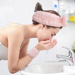 MAYCREATE Face Wash Headband & Wristband Set for Spa and Makeup with Soft Flannel Bow | Pink