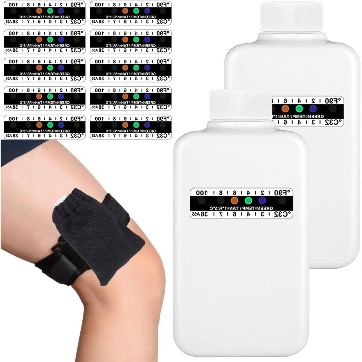 MAYCREATE 14 Pcs Urine Test Complete Kit Includes 2 Translucent Portable Travel Empty Bottles, 10 Adhesive Temperature Test Strips, Neoprene Bag and Hi-Stretch Hidden Leg Straps