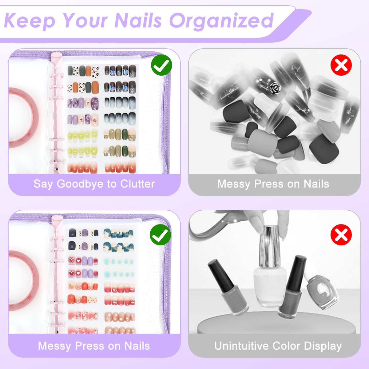 MAYCREATE Press On Nail Organizer with 4 Insert Pages for Nail Display and Storage | Purple