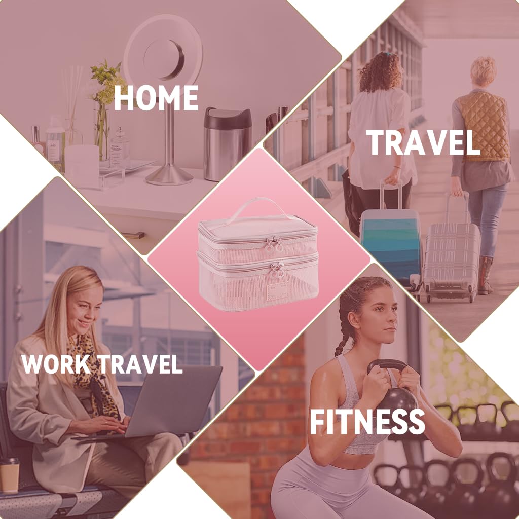 MAYCREATE Makeup Pouch Bag for Travel with Double Layer Organizer Design and Pink Nylon Mesh