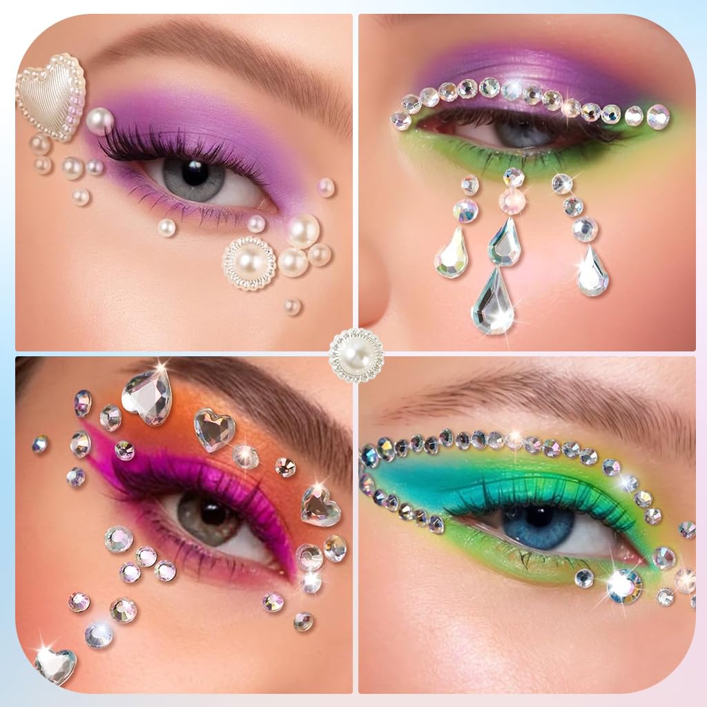 MAYCREATE Face Gems Rhinestones for Makeup 1013pcs with Self Adhesive Jewels Kit | Pearls and Crystal Stickers for DIY Crafts