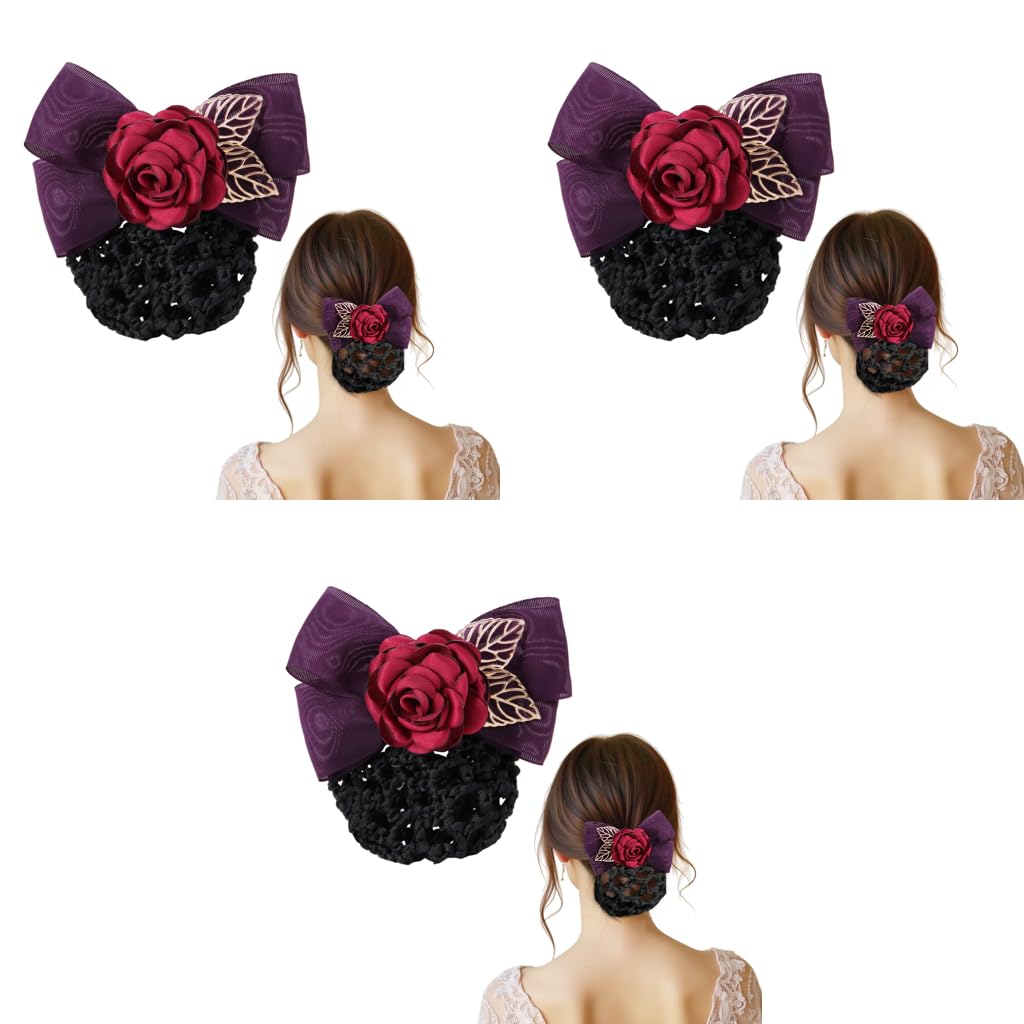 MAYCREATE Hair Bun Net for Women with Clip and Floral Rose Bowknot | 3 PCS Elegant Snood