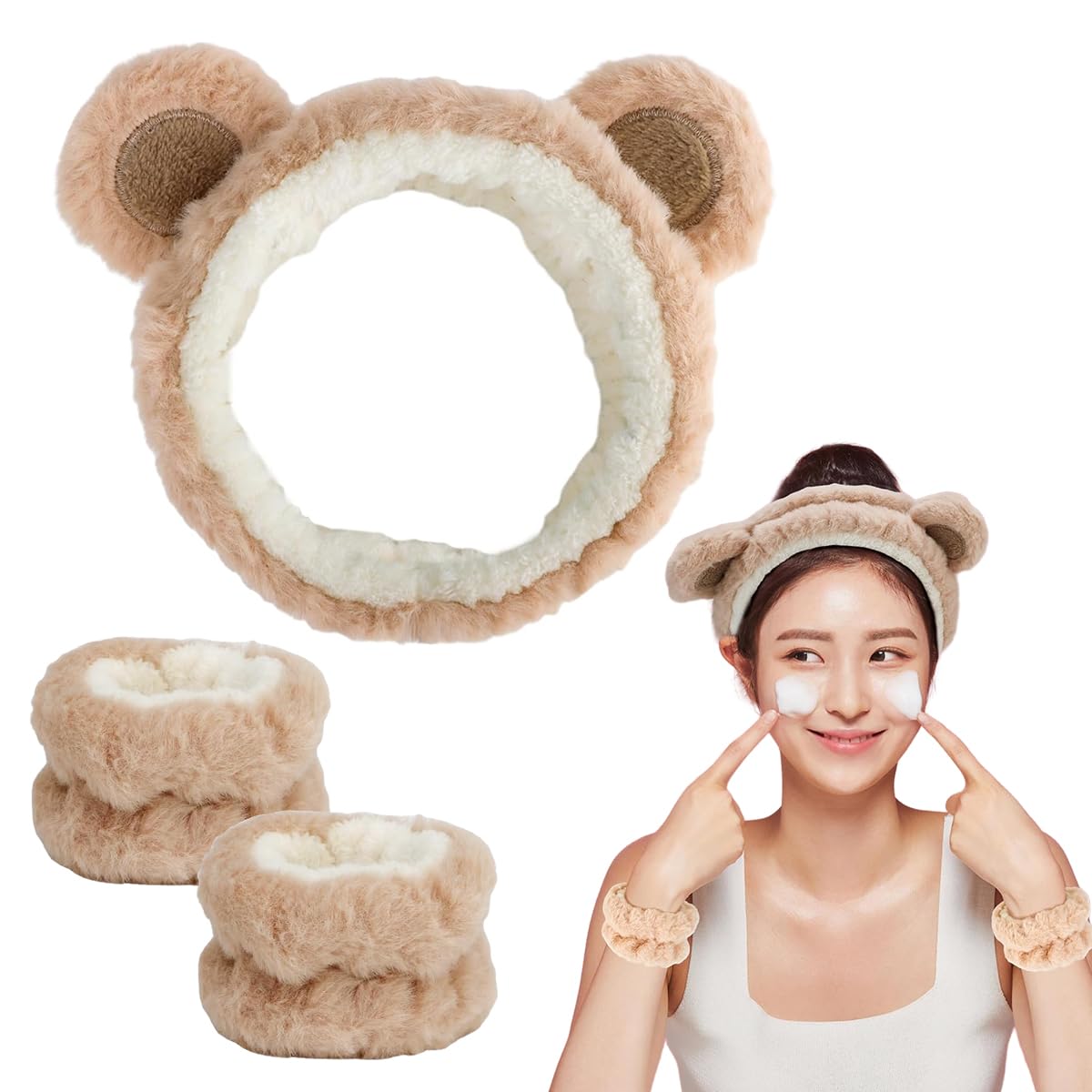 MAYCREATE Skincare Headband for Women & Wrist Band for Face Wash 3pcs Combo, Cute Facial Makeup Hair Band and Wrist Bands Towel, Bear Ears Face Wash Band Spa Headband for Women Girls