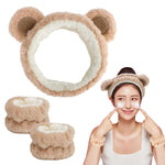 MAYCREATE Skincare Headband for Women & Wrist Band for Face Wash 3pcs Combo, Cute Facial Makeup Hair Band and Wrist Bands Towel, Bear Ears Face Wash Band Spa Headband for Women Girls
