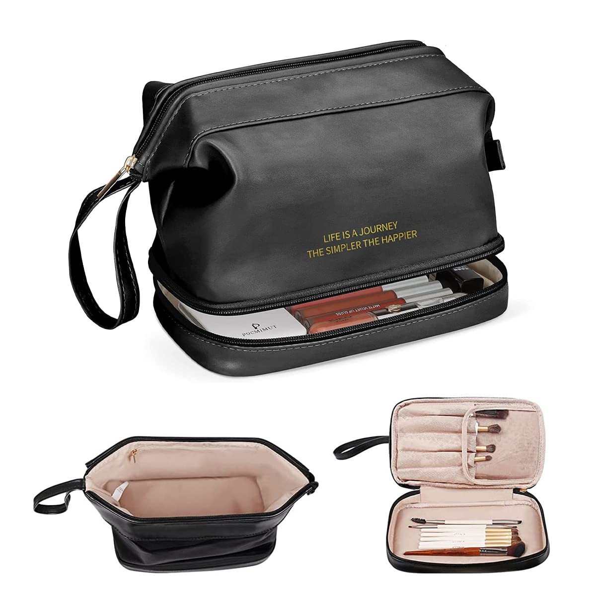 MAYCREATE Cosmetic Bag for Travel with Double Layer Brush Holders and 25×15×16 cm PU Leather Design | Black Makeup Organizer