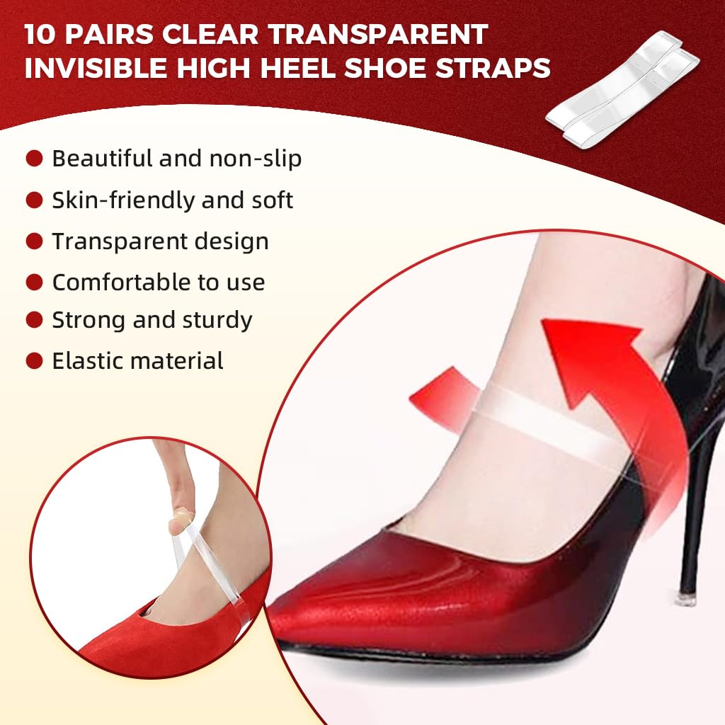 MAYCREATE 10 Pairs Transparent Invisible High Heel Shoe Straps Women Elastic Shoe Laces Anti Loose Shoelace Belt Ankle Straps for Holding Loose High Heel