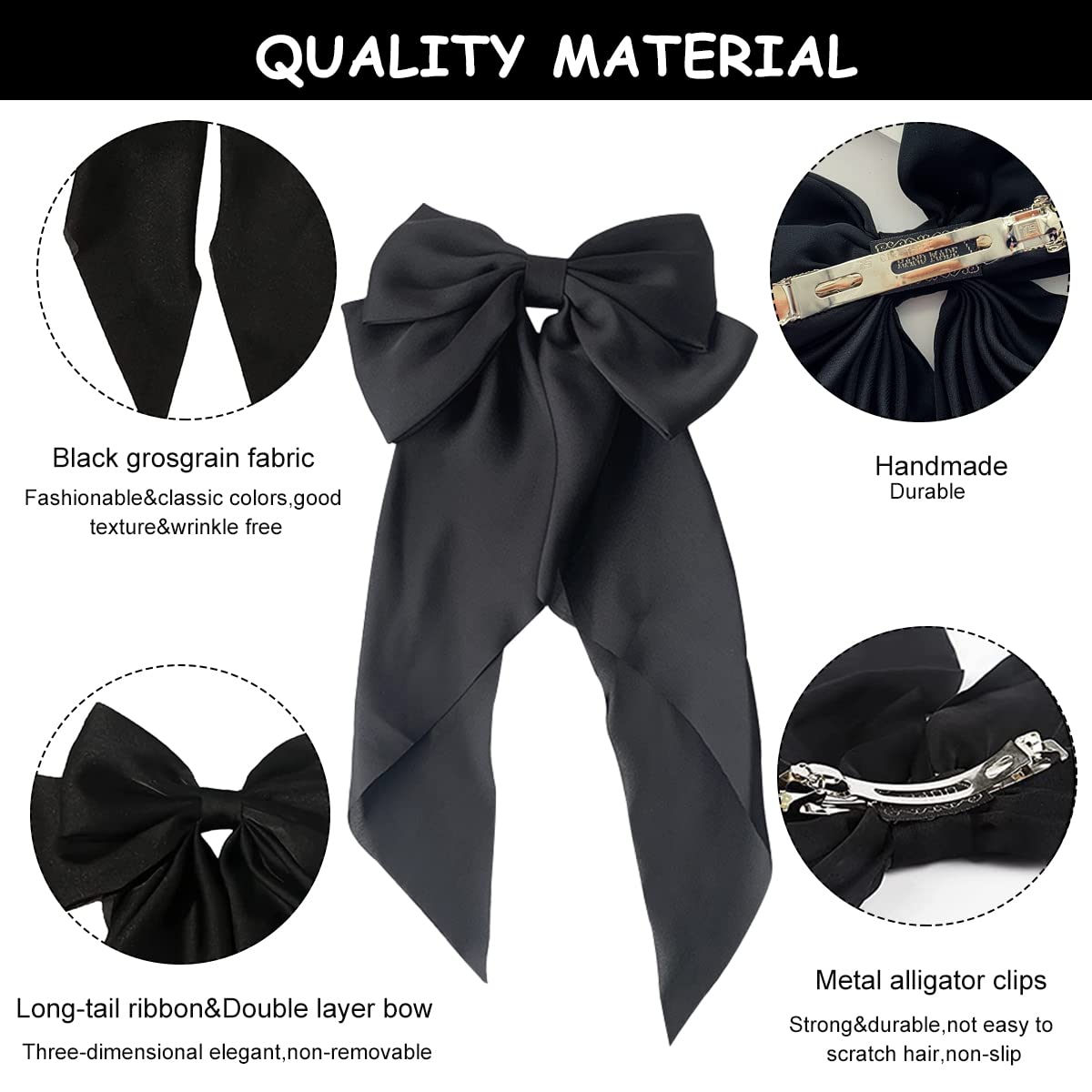 MAYCREATE Large Satin Hair Bows for Women Girls Silk-Like Stylish French Bow Hair Clip Bowknot Hair Barrettes Big Ribbon Bow with Long Tail (Black)