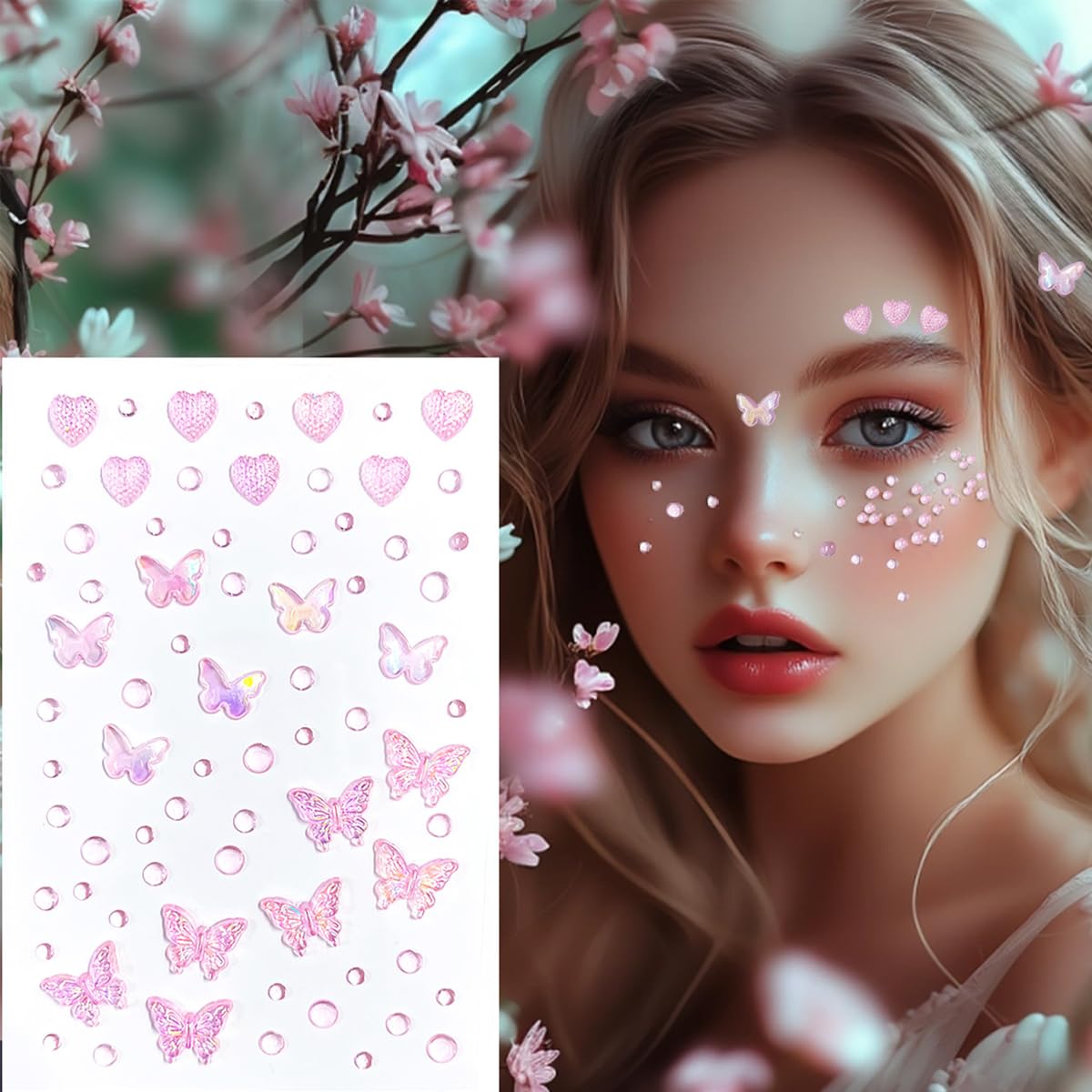 MAYCREATE Face Stickers for Makeup and Hair with 14 Sheets of 3D Crystal Butterflies | Self-Adhesive Acrylic Rhinestones for DIY Crafts and Festivals