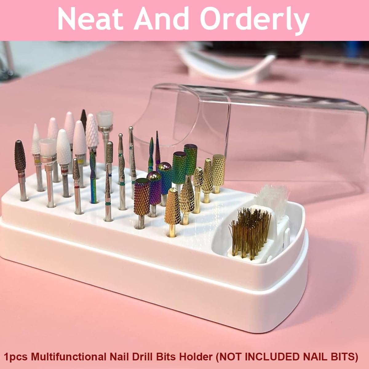 MAYCREATE 2 in 1 Nail Drill Bits Organizer Case with Nail Drill Bits Cleaning Brush, 30 Holes Dustproof Nail Art Drill Bits Stand with Lid Nail Drill Bits Storage Box with Intergrated Cleaning Brush