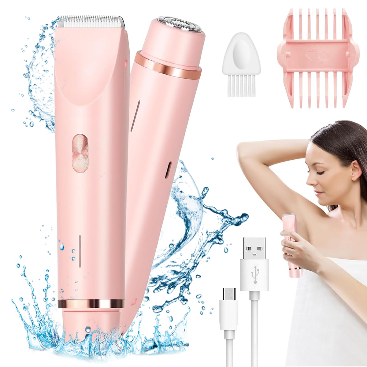 MAYCREATE Electric Shaver for Women 2 In 1 Dual Head Electric Razor USB Cordless Hair Trimmer Shaver IPX7 Waterproof Wet & Dry Use Painless Bikini Trimmer for Bikini Lines, Face Hair, Legs, Under Arm