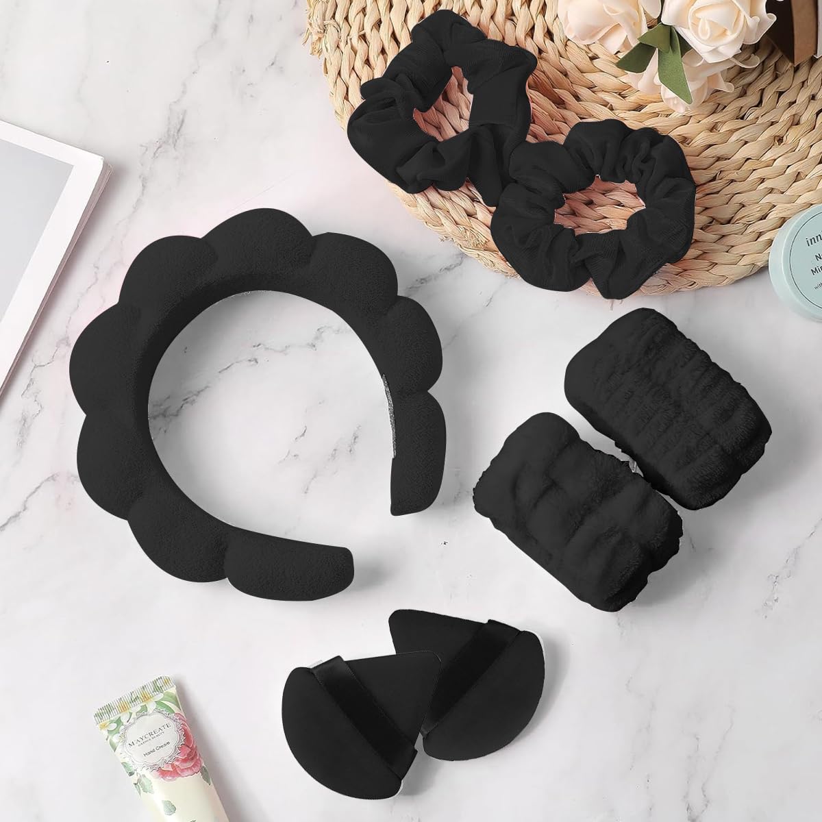 MAYCREATE Facial Headband for Women Skincare Headband and Wrist Band 7Pcs Set for Face Wash, Puffy Spa Headband Hair Band for Makeup with Scrunchies & Powder Puffs - Black