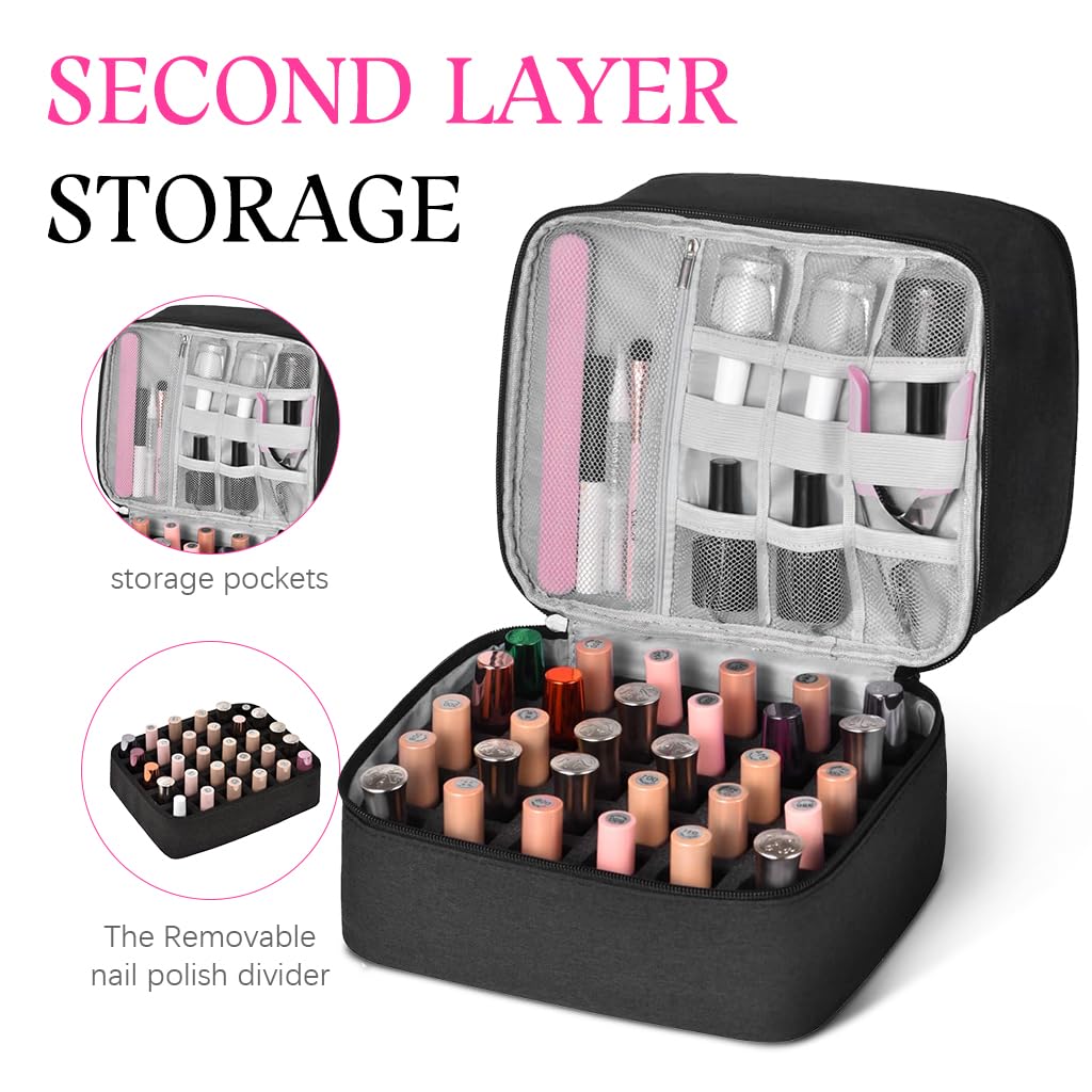 MAYCREATE Nail Polish Organizer Box, Travel Nail Polish Organizer Makeup Bag with Handle, Double-layer Nail Art Tools Bag for 30 Bottle of Nail Polish, Portable Large Capacity Carrying Case