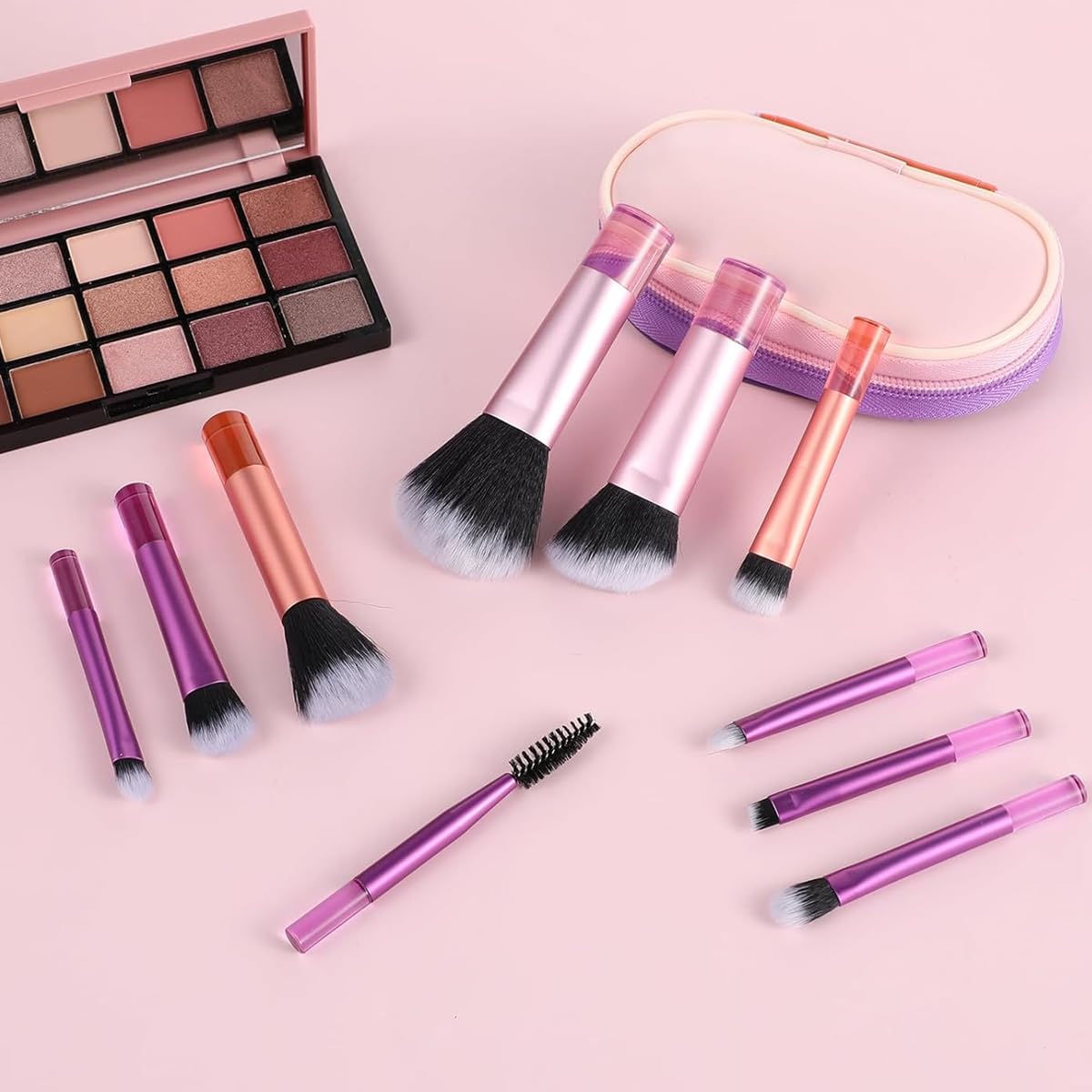 MAYCREATE Travel Makeup Brush Set 10pc with Short Handles and Synthetic Bristles | Zipper Pouch