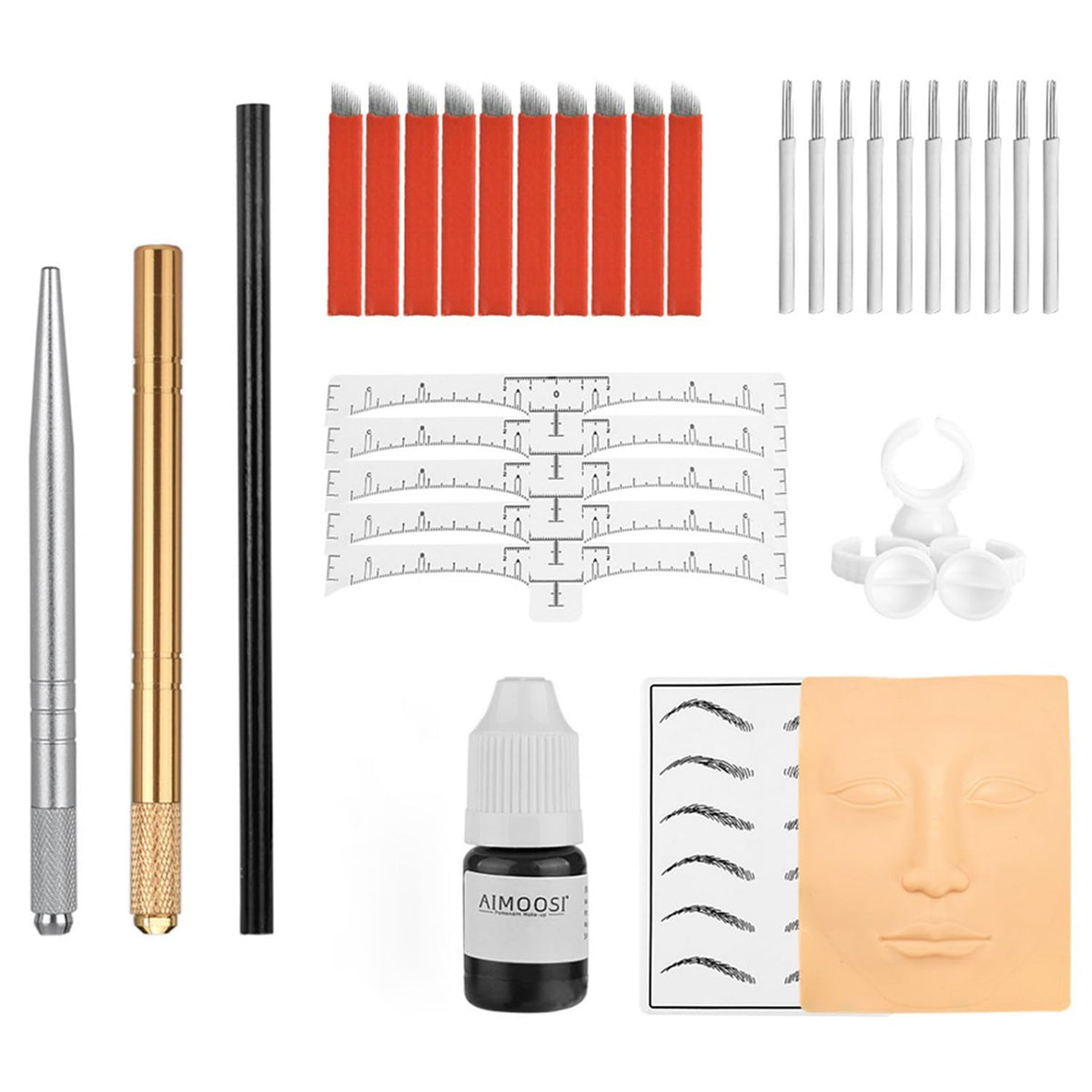 MAYCREATE Microblading Eyebrow Pen Kit with 10 Needles and Lock Pin Device for Practice | 3D Silicone Skin and Black Pigment Ink