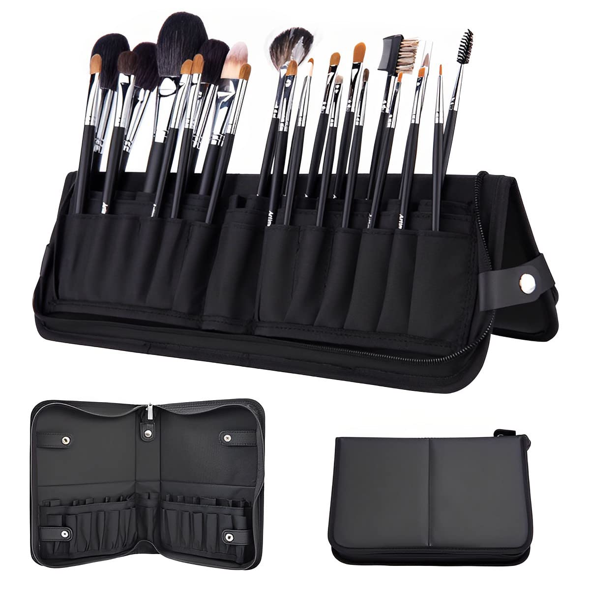 MAYCREATE Makeup Brush Holder Bag Travel Portable Makeup Brush Organizer Case Foldable Zipper Cosmetic Brush Storage Pouch Stand with 29 Elastic Pockets (Black)