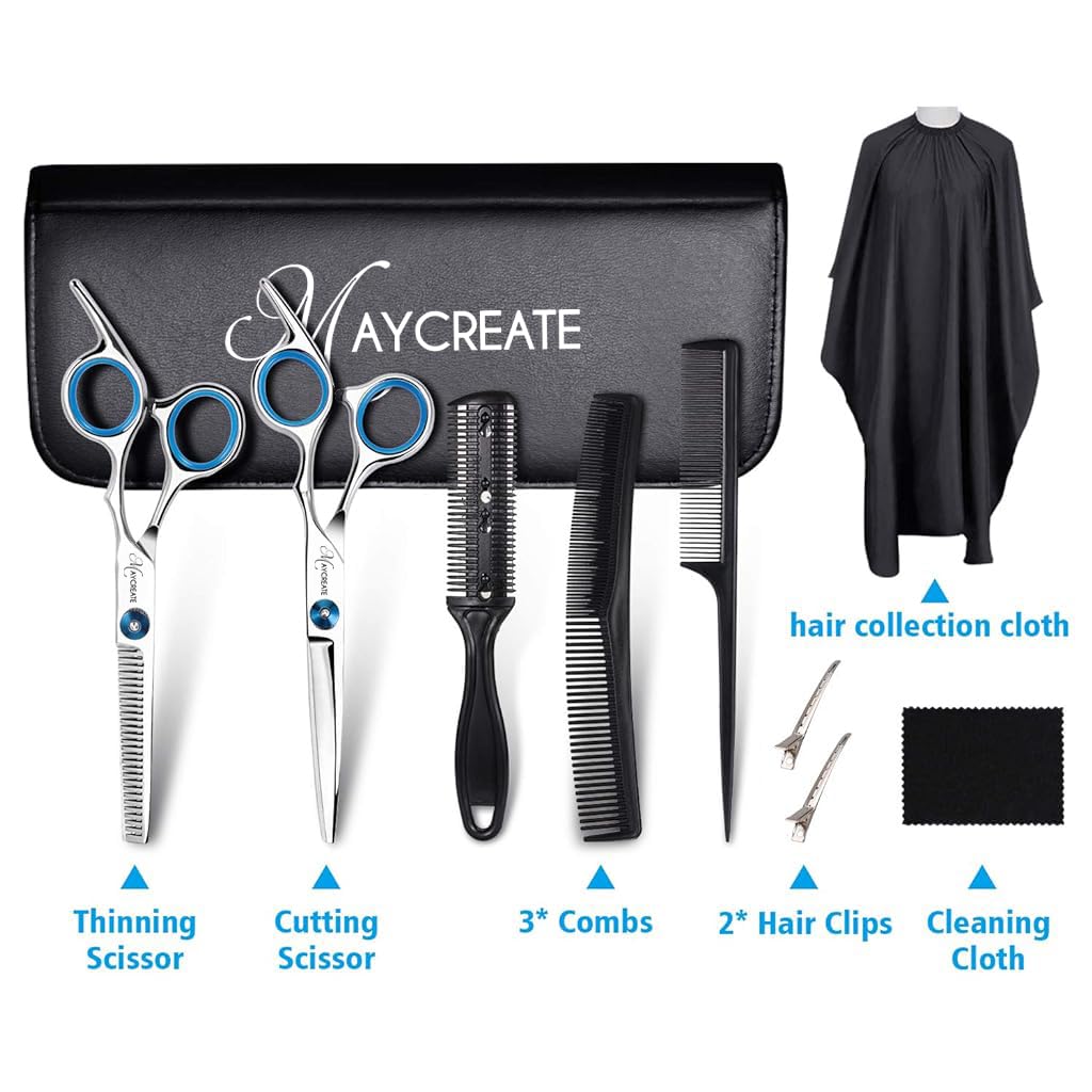 MAYCREATE Hair Cutting Scissors Kit for Professionals with 6.7 in Blades and Screw Tension | 9 Pcs Stainless Steel Set for Men and Women
