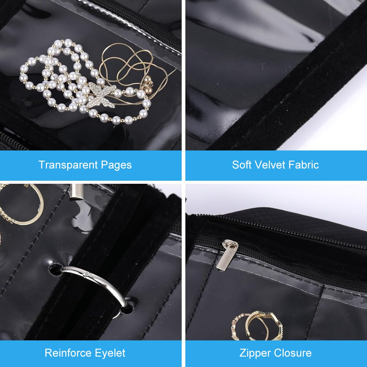 MAYCREATE Jewellery Organiser Box for Home and Travel with 36 Zipper Pockets Featuring Removable Double Sided PVC Bags and Black Oxford Cloth