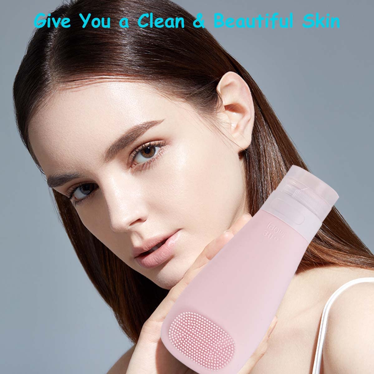 MAYCREATE Travel 3Pcs Bottles for Toiletries, Squeezable Soft Silicone Toiletries Bottles Containers Leak Proof Refillable Dispenser with Face Brush Design (90ML White Blue Pink)