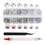 MAYCREATE Nail Art Kit Flat Back AB Crystal Rhinestones and Clear Crystal Rhinestones with Pick Up Tweezer and Rhinestone Picker Dotting Pen(1500 PCS, 6 Sizes)
