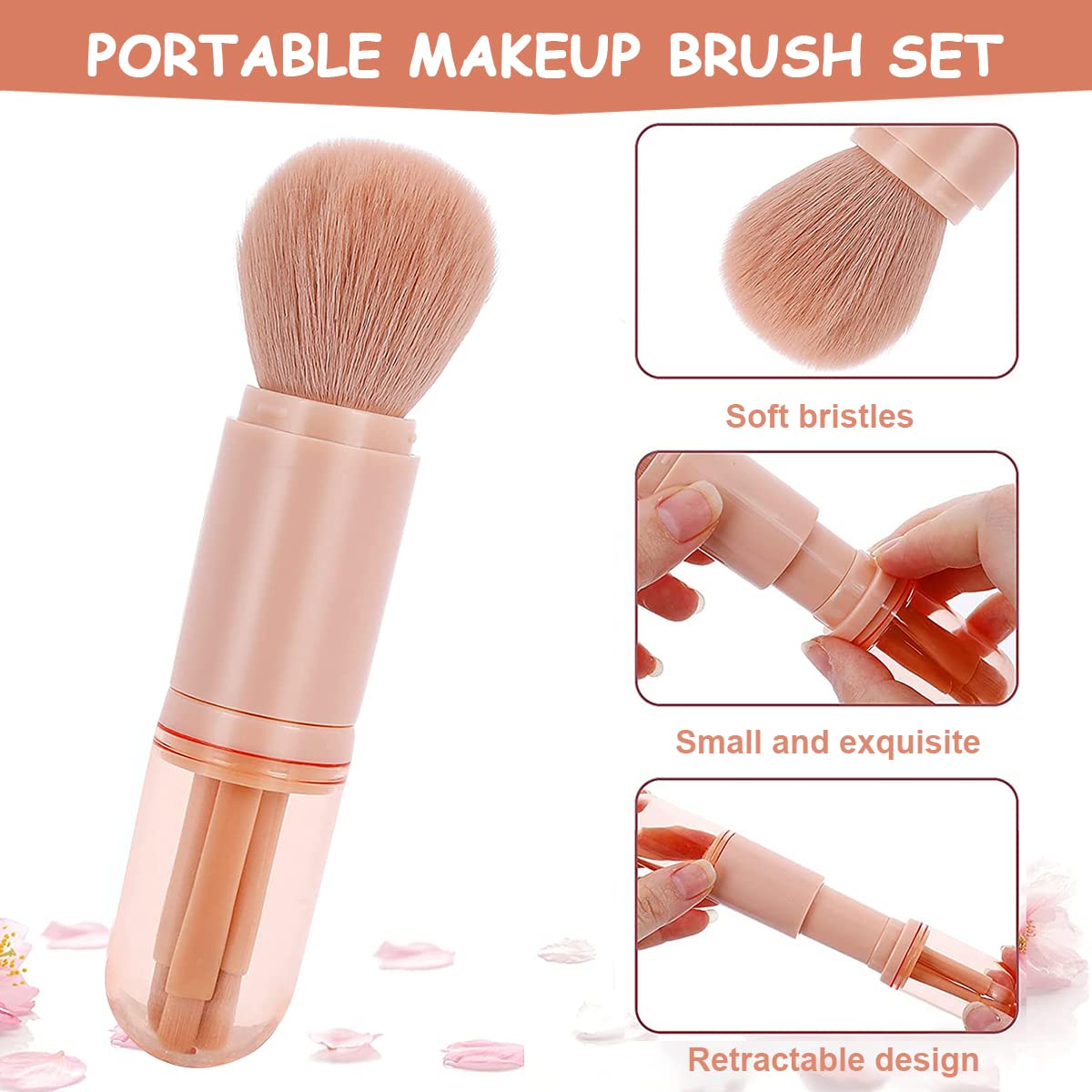MAYCREATE Makeup Brush Set, 4 In 1 Portable Travel Blending Powder Foundation Brush, Lip Brush, Highlight Brush, Eyeshadow Brush, Retractable Mini Facial Cosmetic Brush Kit (Nude)