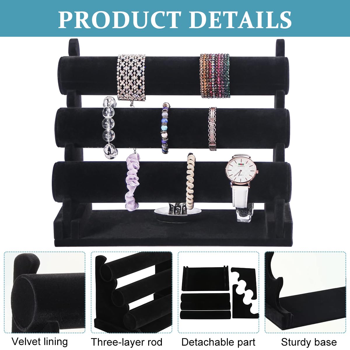 MAYCREATE Bracelet Organizer 3-Tier Bracelets Holder Jewelry Display Stand for Watch, Bangle, Bracelet - Detachable Velvet Desk Showcase Storage Rack, Black